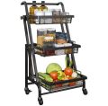 Techmanistan 3 Tier Parallel Folding Portable Kitchen Cart With Removable Basket, Multifunction Storage Rack Kitchen Organizer Metal Stand, 90°-180° Adjustable Angle Rolling Cart Rolling Shelf 3 Tier Trolley Stall Parallel Folding, Kitchen Storage Cart. 