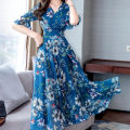 Yfashion Summer Floral Printing A-line Skirt For Women  V-neck Short Sleeves Dress Flared Sleeves Midi Skirt color. 