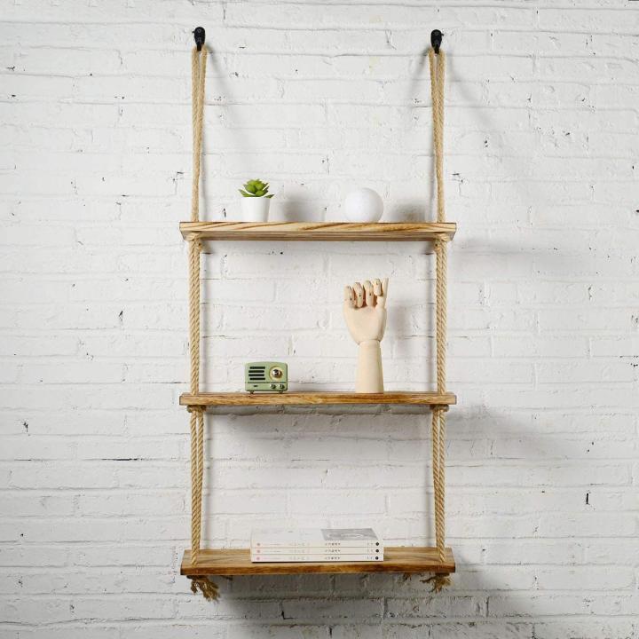 Solid Wood Rope Shelf DIY Wood Hanging Floating Shelves for Living Room Bedroom Bathroom Farmhouse Home Decor and Wall Storage (3 Tier, with Jute Rope)