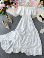 RIFA Off-Shoulder Boho Beach Dress White, Elegant Korean Style, Ruffle Detail, Summer Party Wear. 