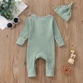 Infant Baby Jumpsuit and Hat Set, Solid Knit Ribbed Long Sleeve Crew Neck Button Romper One-Piece Clothes. 