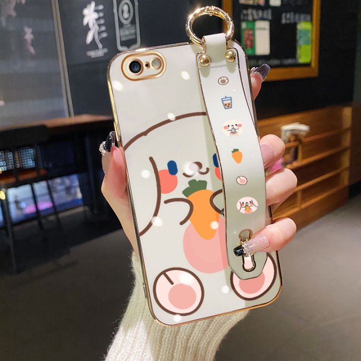 chenyyka%20For%20iPhone%206%20Case%20With%20Wristband%20New%20Design%20Square%20Edge%20Phone%20Case%20Cute%20Line%20Rabbit%20Pattern%20Shockproof%20Plating%20Silicone%20Casing%20Full%20Cover%20SoftCase%20Protection%20Cases%20Girl%20Women%20-%20Image%202