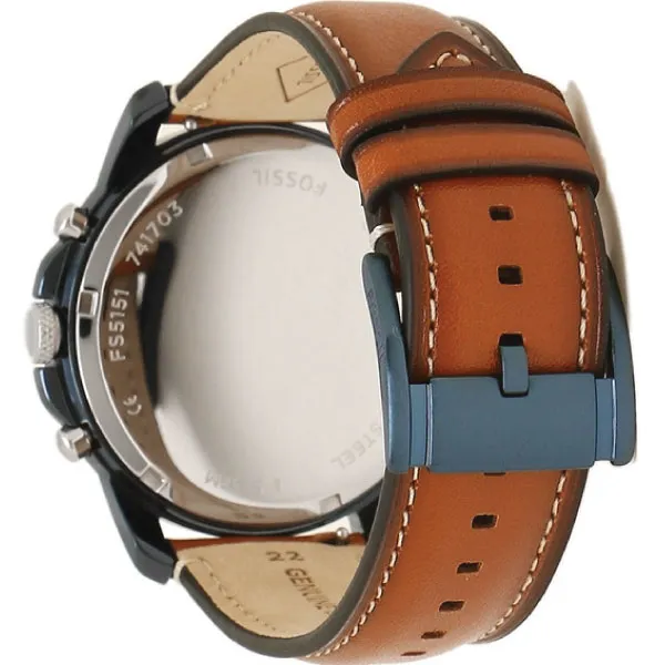 Fossil Grant Blue Dial Chronograph Brown Leather Strap Watch For Men FS 5151