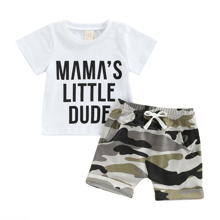 Newborn Toddler Boy Outfits Sets Letter Printed Short Sleeve T-shirt with Camouflage Short Pant Suits