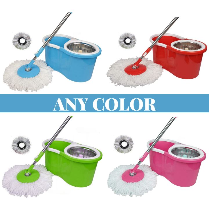 [Steel Wringer] Rotating Spin Mop 360 with Bucket & Wheels - 01 Microfiber Cloth Included (Extendable and Retractable) Steel / Plastic