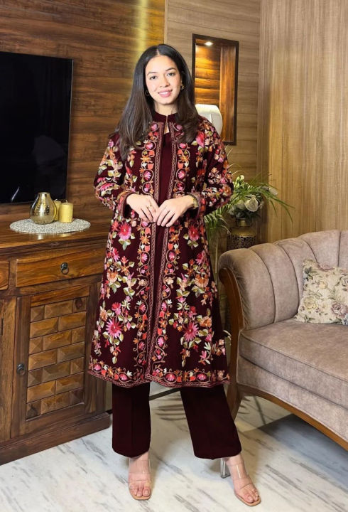 Elegant Kashmiri Embroidered Coat with Inner Trouser 3-Piece