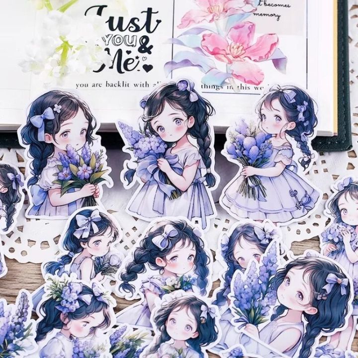 22Pcs Waterproof Lavender Girl Stationery Stickers for Kids Cute Decorations Ins Style Character Stickers for Phone Case iPad