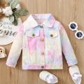 Girls Casual Button-down Jacket, Pink Tie-dyed Printed Pattern Long Sleeve Coat, 6 Months-4 Years. 