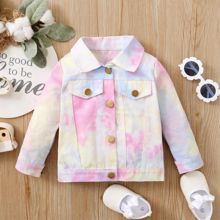 Girls Casual Button-down Jacket, Pink Tie-dyed Printed Pattern Long Sleeve Coat, 6 Months-4 Years