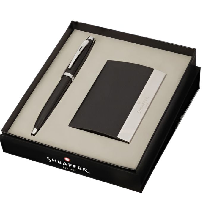 Sheaffer Gift Collection 100 – 9338 Glossy Black Ballpoint Pen with Chrome Trims and Business Card Holder