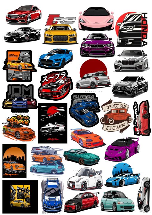 Car Stickers - Pack of  30 Each Stickers Size 4 CM - Sports Car Stickers  Kids Car Lover Stickers Sticker For Girls / Boys for Mobile back, Laptop, diary and for decorating your stuff and making them look more attractive.