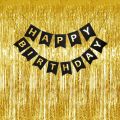 Happy Birthday Black Banner With Golden Bachdrop Curtains For Birthday Decoration. 