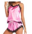 (Customized) Style up Pink Satin Cami Short Pajama Set With Black Lace hot nighty dress, girls nighties, sexy nighty dress,, daraz nighty, nighty for women, nighty. 