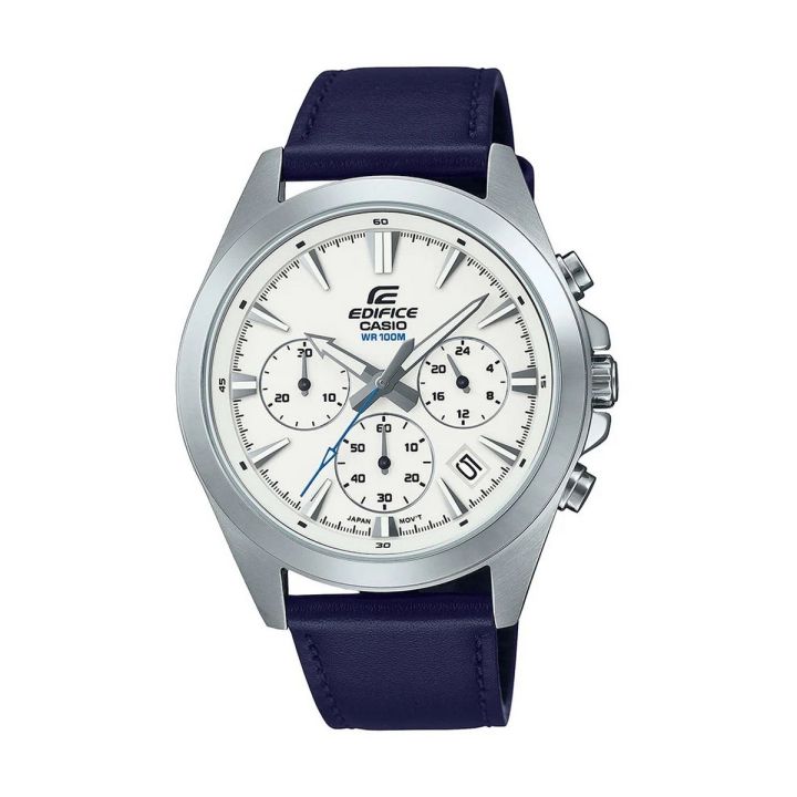 Casio Edifice Mens Steel Sliver Case Silver Chronograph Dial Blue leather Band Watch-EFV-630L-7AVUDF