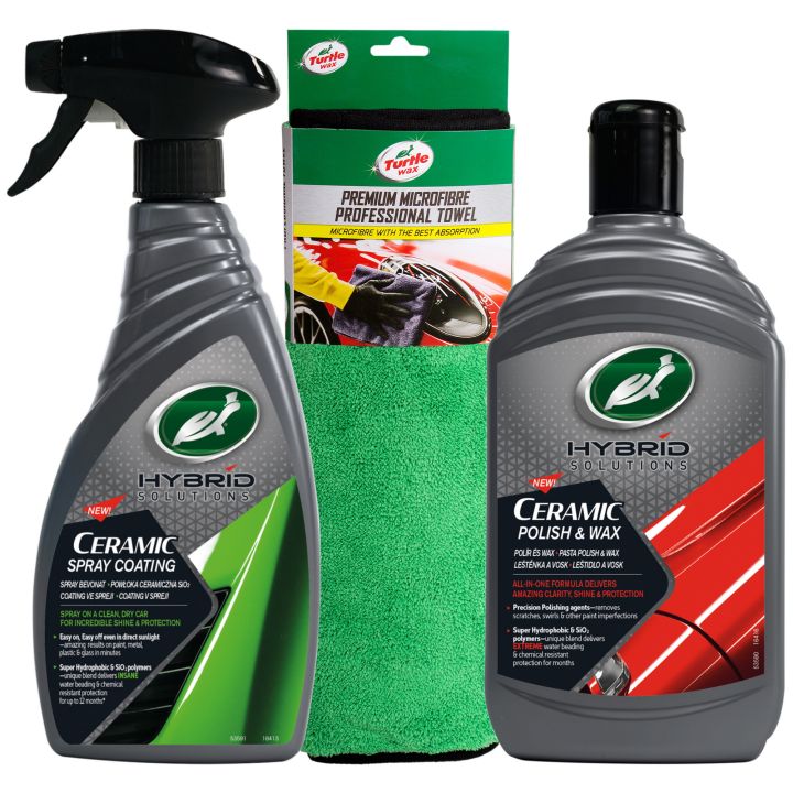 TURTLE WAX - BUNDLE OFFER - HYBRID SOLUTIONS CERAMIC SPRAY COATING - 473 ML , HYBRID SOLUTIONS CERAMIC POLISH & WAX - 414 ML , PREMIUM MICROFIBRE PROFESSIONAL TOWEL
