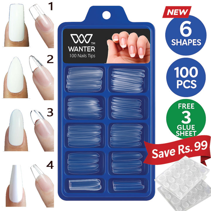 WANTER 100Pcs Fake Nails For Girls, With 3 Nails Glue Sheet, Square Almond Oval Coffin Shape Natural & Transparent Color Artificial Nails Kit Fake Nails Acrylic Nails For Girls Beautiful Nails False Nails With Nails Glue Stickers