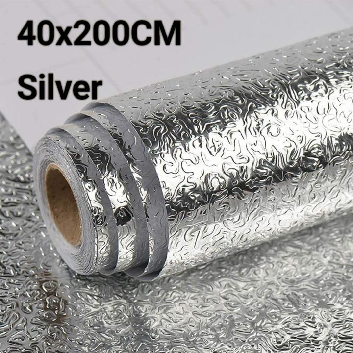 Self Adhesive Aluminium Foil Sticker Roll, Oil Proof Waterproof Aluminium Sheet DIY Wallpaper, Backsplash Aluminium Sticker for Home, Kitchen, Stove, Cabinet, Wall, Drawers, Furniture, Silver Colour 40x200cm