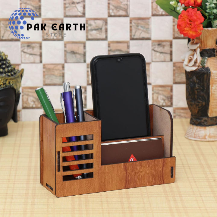 Pak Earth Store Stand with Visiting Card & Mobile Holder Wooden Desk Organizer | Pen and Pencil Stand for Office Table with Business Card Holder Box and Mobile Stand