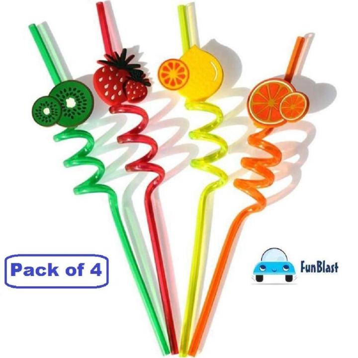 Reusable Straws for Kids, Fruit / Cartoon Shape Spiral Drinking Straw (Assorted) - Pack of 4