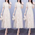 Women Elegant Party High Waist Short A e Sundress ral Leisure Puff Sleeve White Long Dresses. 