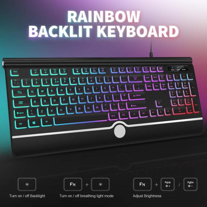 Jelly Comb Wired Backlight Keyboard, USB Computer Rainbow Illuminated Gaming Keyboard UK QWERTY Layout with Wrist Support for PC Desktop Laptop, Black