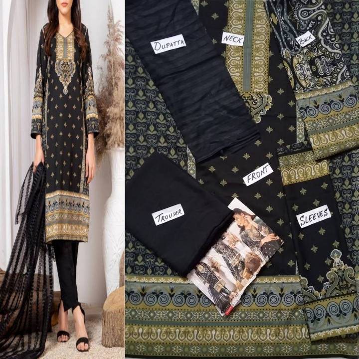 Zaiwa 3pc Khaddar Embroidered Long Shirt Suit with Printed Shawl ZWL14