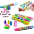 Pack of 6 Fancy Rocket Eraser Pen Shape Push Erasers for Kids / Stylish Erasers for Girls, Boys / Cute Eraser Birthday Return Gift for Kids. 