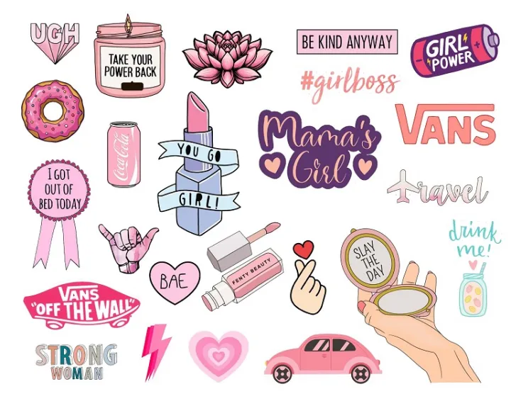 24Pcs Pink Aesthetic Girl Stickers Cute Kawaii Doodle Decals for Mobile ...
