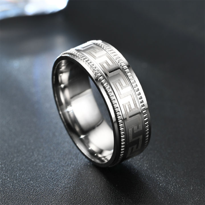8mm Titanium Steel Ring Embossed Great Wall Pattern Non-tarnish Men's ...