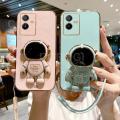 For Vivo Y22 Back Cover with Lanyard + Cartoon Astronaut Folding Stand Luxury 6D Plating Frame Shiny Cases Soft Silicone Square Protective Mobile Phone Case. 