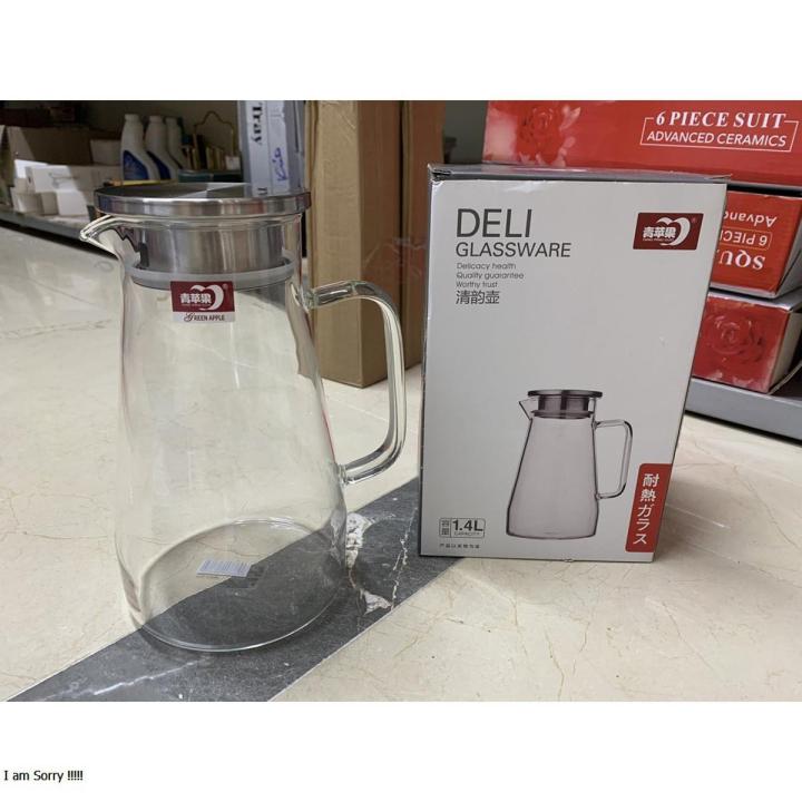 Glass Pitcher 1.4L  Water Jug Carafe Cocktail With Stainless Steel LID Filter