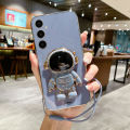 For Samsung Galaxy A15 4G A15 5G A25 A35 A55 Back Cover with Lanyard + Cartoon Astronaut Folding Stand Luxury 6D Plating Square Frame Phone Case Shiny Soft Silicone Protective Cases Pouch Girls. 