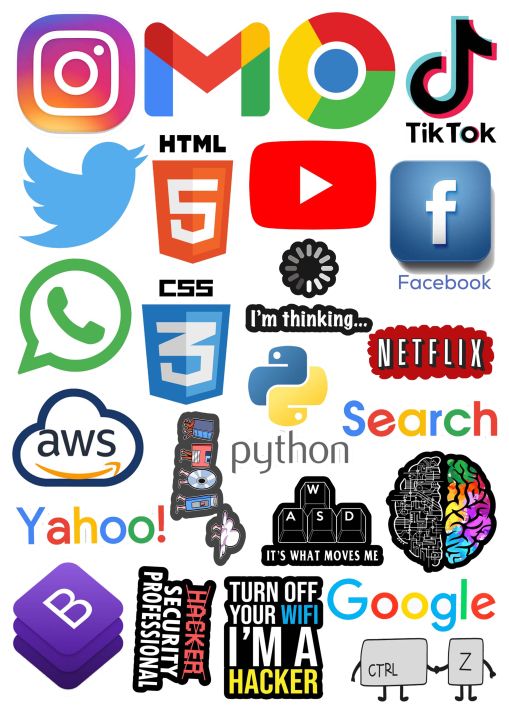 Pack of 25,  Social media and programming stickers,"From Code to Content: A Stylish Sticker Set for the Modern Programmer and Social Media Influencer" for laptop, waterbottle, notebook, mobileback etc 2 x 2 inch