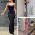 ECHIDNA Long Dress Body-Shaping Solid Color Spaghetti Strap Lady Bodycon Dress. 