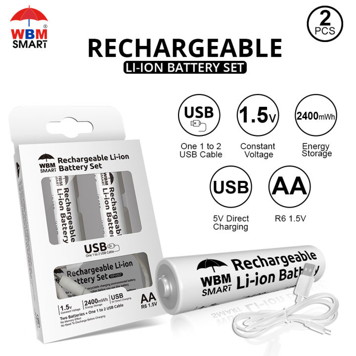 WBM Smart Rechargeable Cell, 2Pcs AA Cell Battery Built-in USB Port No Need of Any Charger – 2400mah.