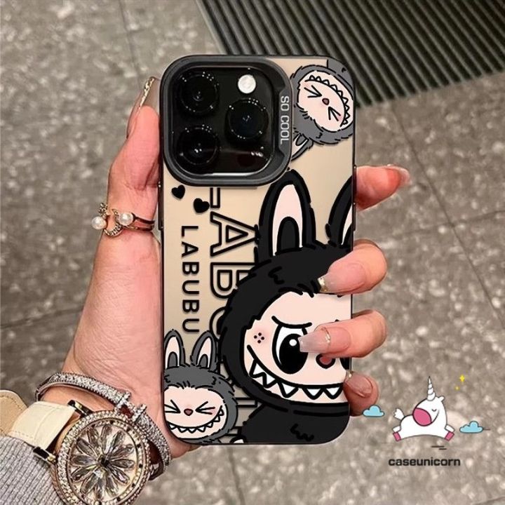Trend Cute Tag Graffiti Cartoon Pop Mart Labubu Case Compatible for IPhone 16 15 11 14 12 13 Pro Max 7Plus 16 14 7 15 8 Plus XR X XS Max SE 2020 Luxury Plated Metal Lens Case