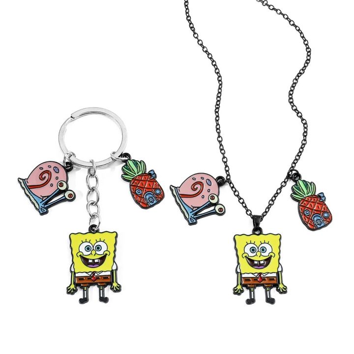 Iruriuiyt Spongebob Squarepants Metal Keychain Necklace Set Gary the Snail Pineapple House Enamel Pendant Key Chain Car Keyholder for Men