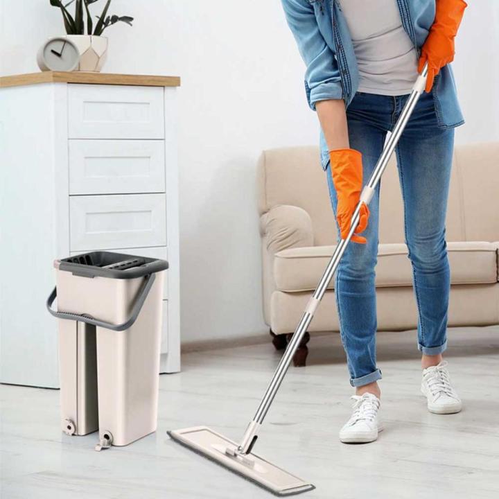 Flat Mop Fiber Bucket With Reusable Mop Pads