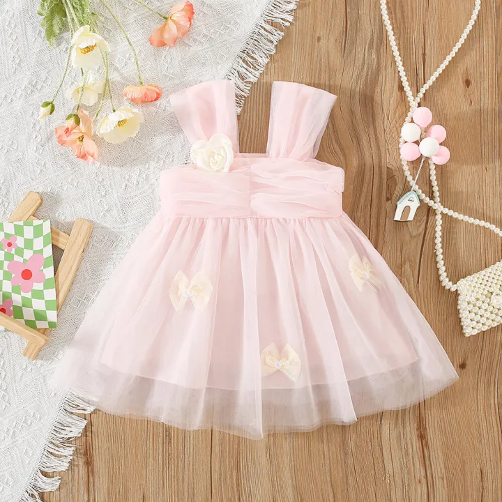 New%20Summer%20Girls'%20Baby%20Strap%20Dress%20Bow%20Knot%20Flower%20Decoration%20Infant%20Gauze%20Dress%20Solid%20Color%20Girl%20Children'S%20Clothing%20Suitable%20For%200-3%20Years%20Old%20-%20Image%202