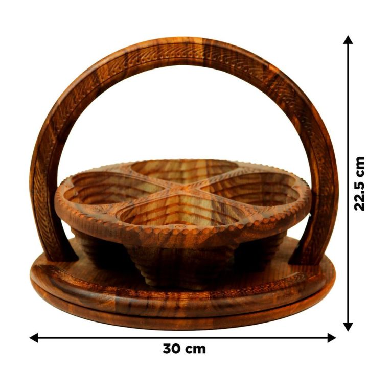 kd/4 Portions Handy Crafted Foldable Dry Fruit Basket /Wooden Dried Fruit Basket - Handmade Wood Carving Fruit Plate, Wooden Fruit Bowl | 4 Partitions Foldable Fruit Basket, Wooden Fruit Basket with Handle, Wooden Snack Box Container for Candy Fruit Nuts
