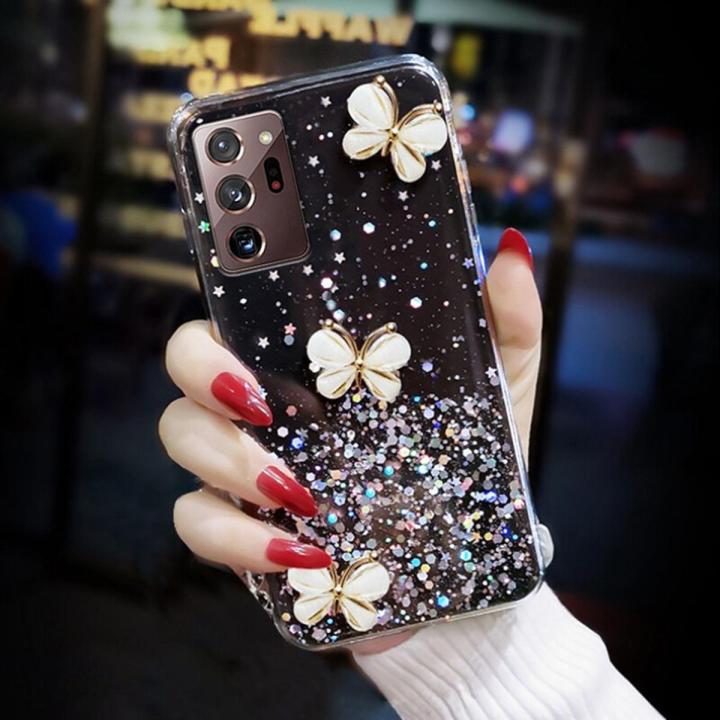 For Samsung Galaxy Note 20 Ultra Back Cover Luxury 3D Diamond Butterfly Shiny Glitter Gold Foil Space Starry Cases Clear Soft Silicone Bumper Mobile Phone Case for Girls Boy