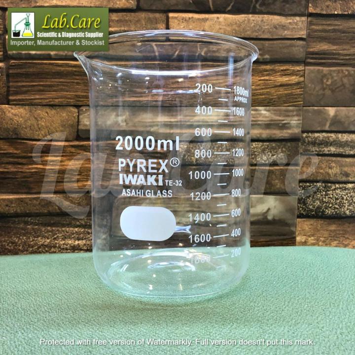 2000 ml IwakiPyrex-Beaker, Low Form Griffin, Borosilicate 3.3 Glass, Double Scale, Graduated