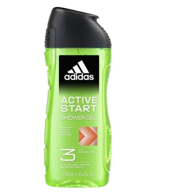 Adidas Active Start Revitalising 3-in-1 Shower Gel (250ml) – Body Wash + Shampoo + Refresher | Energizing Formula | For Men | Post-Workout Freshness | Cool Menthol Effect