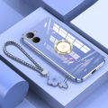 For Vivo Y03 4G Back Cover with Lanyard Rhinestone Ring Stand Luxury 6D Plating Square Frame Phone Case Shiny Holder Soft Silicone Protective Cases Pouch Girls. 