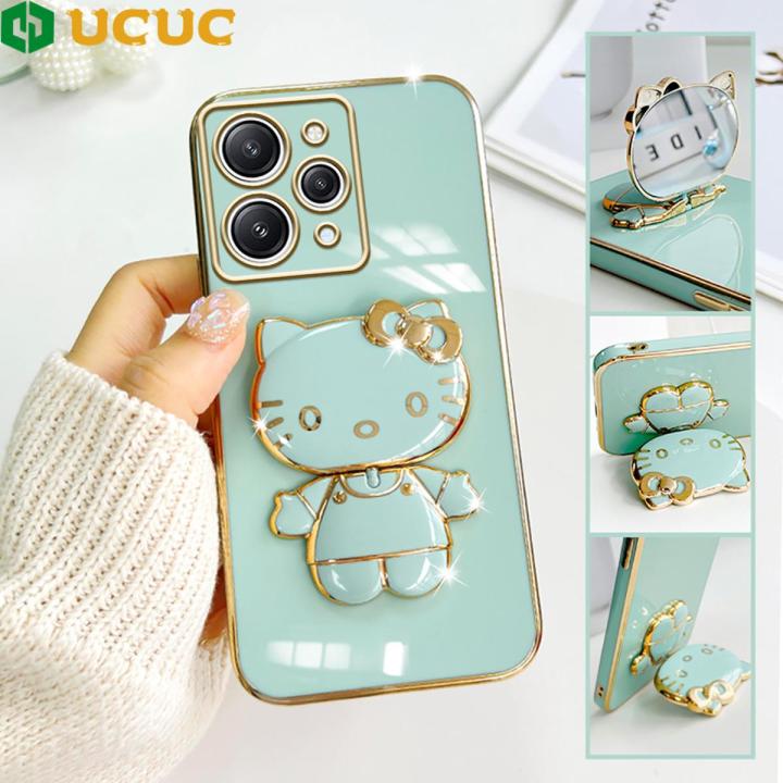 UCUC for Redmi 12 Back Cover Cute kitty Mirror Multifunction Folding Bracket Luxury 6D Plating Case Soft Silicone Square Phone Cases for Boys for Girls