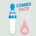 Pack of 2 Baby Silicone Squeeze Spoon Feeder (90ML Bottle) with U Shape Silicone Toothbrush for Baby, Crawling Kids | SJR Collections. 