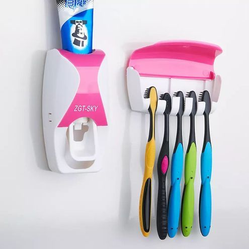 YM Automatic Toothpaste Dispenser Wall Mount Dust-proof Toothbrush Holder Wall Mount Storage Rack Bathroom Accessories Set Squeezer
