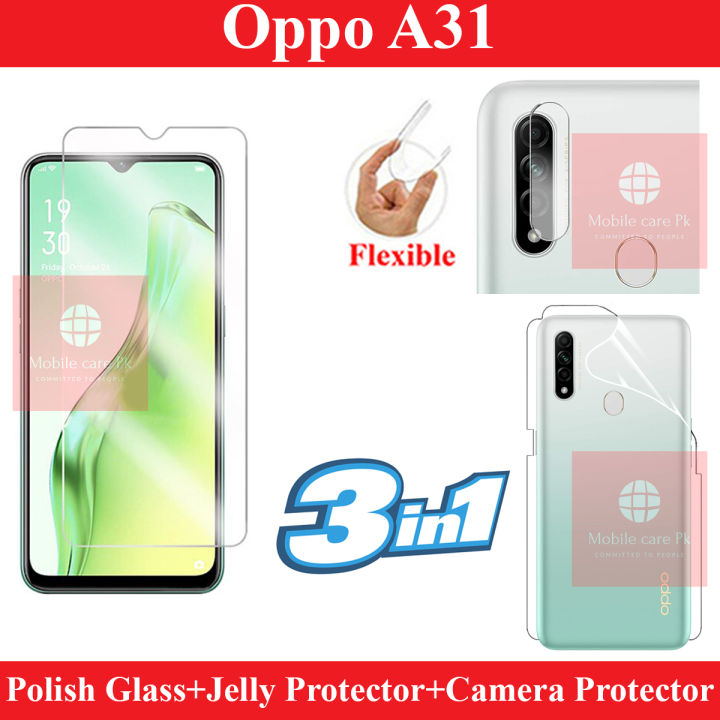 Oppo A31 Tempered Glass Screen Protector Polish Glass + Oppo A31 Back Clear Jelly Protector Soft Film Protection Hydrogel Film Protector + Back Camera 9H Gorilla Flexible Protector For Oppo A31