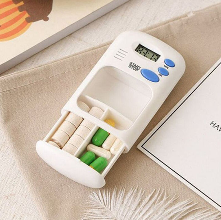 Alarm Medicine Box Small,Self Mini Alarm Pill Timer Boxes Organizer 2 Compartment,Pill Organizer with Reminder Alarm,Smart Pill Boxes with Transparent Card Buckle - Two Slot Pill Box with Alarm with 0.7 Inches LCD