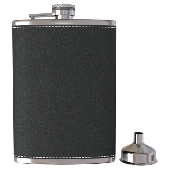 Pocket Hip Flask 8 Oz with Funnel Stainless Steel with Black Leather Wrapped Cover and Leak Proof - Fits any Suit for Discrete Liquor Drinking